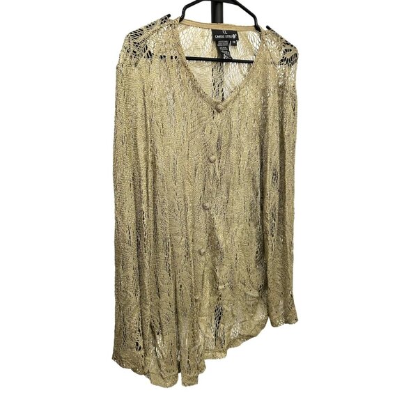 Vintage Carole Little Womens Gold Metallic Open Knit Cardigan Sweater Sz 1X - Picture 3 of 8
